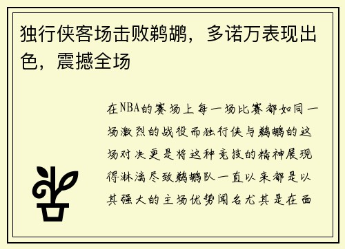 独行侠客场击败鹈鹕，多诺万表现出色，震撼全场